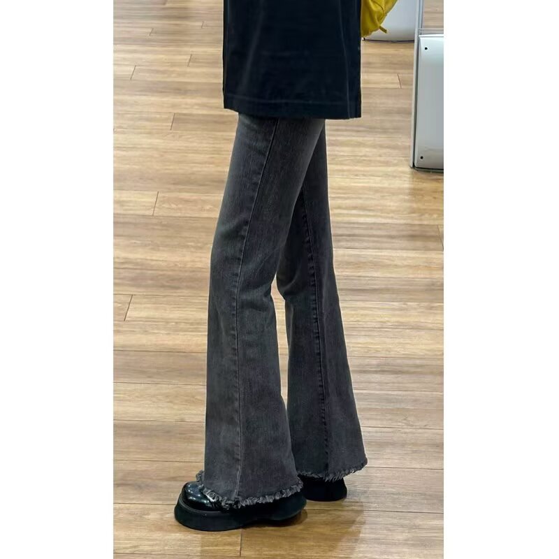 Black and Gray Flared Jeans for Women, New Summer Style, High-Waisted, Plus Size, Flattering for Pear-Shaped Body, Slimming, Frayed Hem Flared Pants