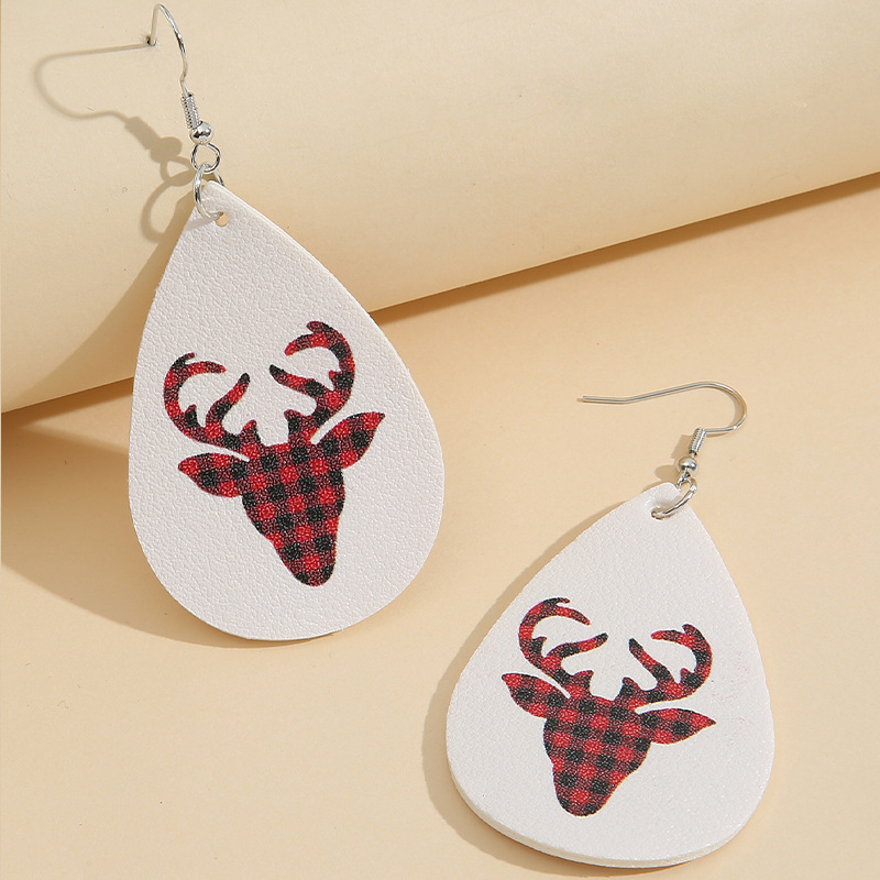 New Christmas Red Lattice Small Elk Pattern Leather Earrings Wholesale display picture 2