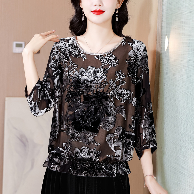 High-Quality Mulberry Silk Velvet Top Autumn New High-End Retro Burnt Flower T-Shirt European Fashion Stylish Blouse Shirt