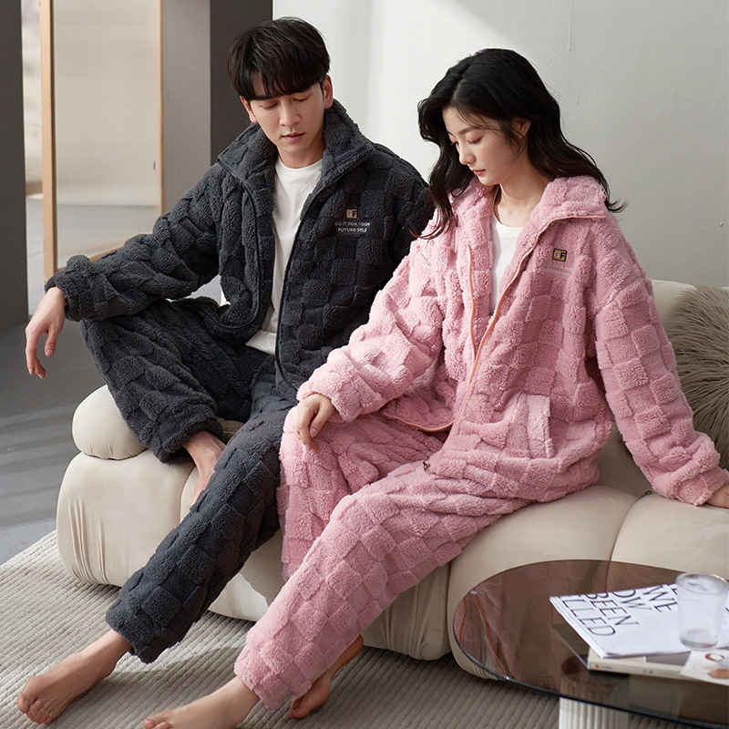 Pijamas para Pareja Otoño-Invierno 2025, Nuevo Conjunto de Ropa de Dormir Informal para Hombre y Mujer, de Terciopelo Coral con Cierre y Forro Polar Grueso