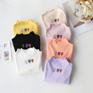 Girls' Bottoming Shirt, Versatile 2025 Autumn New Style, Kidsren's Fungus Collar T-Shirt, Baby Long-Sleeved Elastic Top, Trbottomy