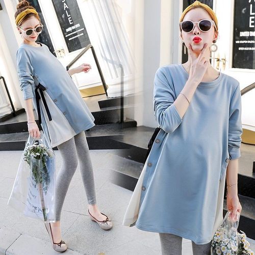 Fashionable maternity set for autumn and winter, trendy one-piece dress with long sleeves, T-shirt and long-sleeved sweatshirt set for outerwear.