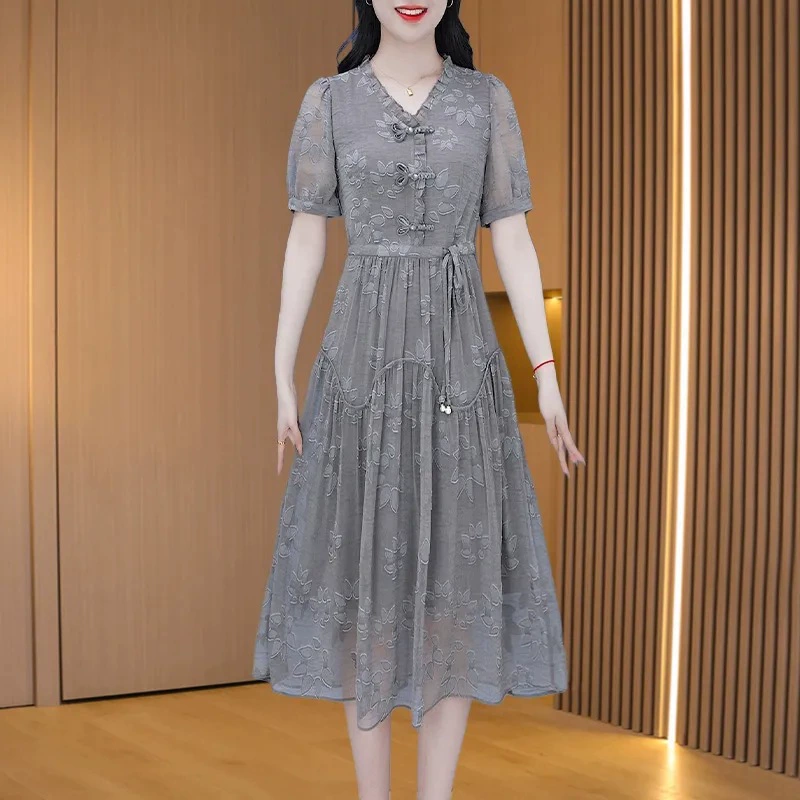 Новое платье с короткими рукавами в китайском стиле женское 2024 лето новая мода гриб минус возрастная талия тонкая юбка средней и длинной