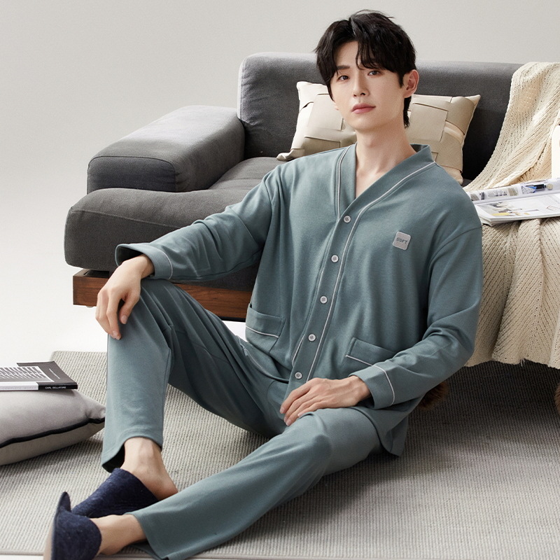 Pijama de hombre primavera y otoño algodón cardigán de manga larga kimono juvenil se puede usar grande algodón conjunto de ropa de casa