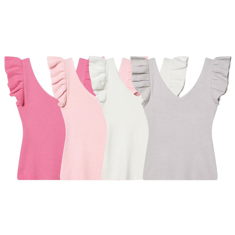 Cross-Border Women's Clothing 2026 Summer European and American Style Fashion Simple Slim Fit V-Neck Flutter Sleeve Knit Top for Women F5256