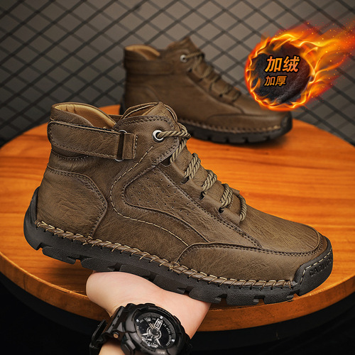 Men's winter cotton shoes with warm padding, mid-sole, lace-up, anti-slip, soft bottom, outdoor sports casual shoes
