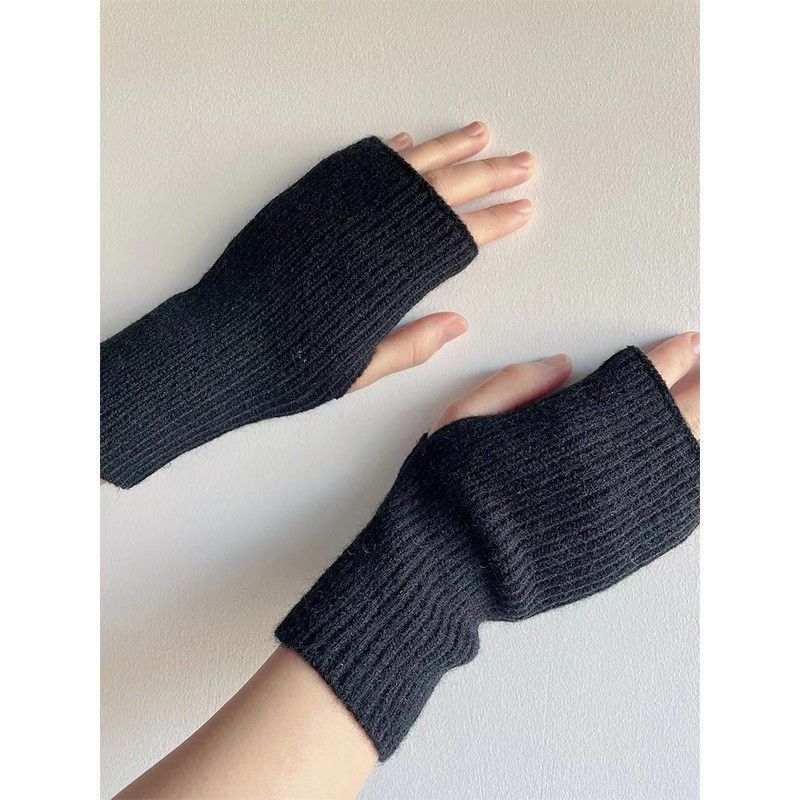 Autumn and Winter half finger gloves female plush all-match warm student fingerless writing knitted half finger exposed long gloves wristband
