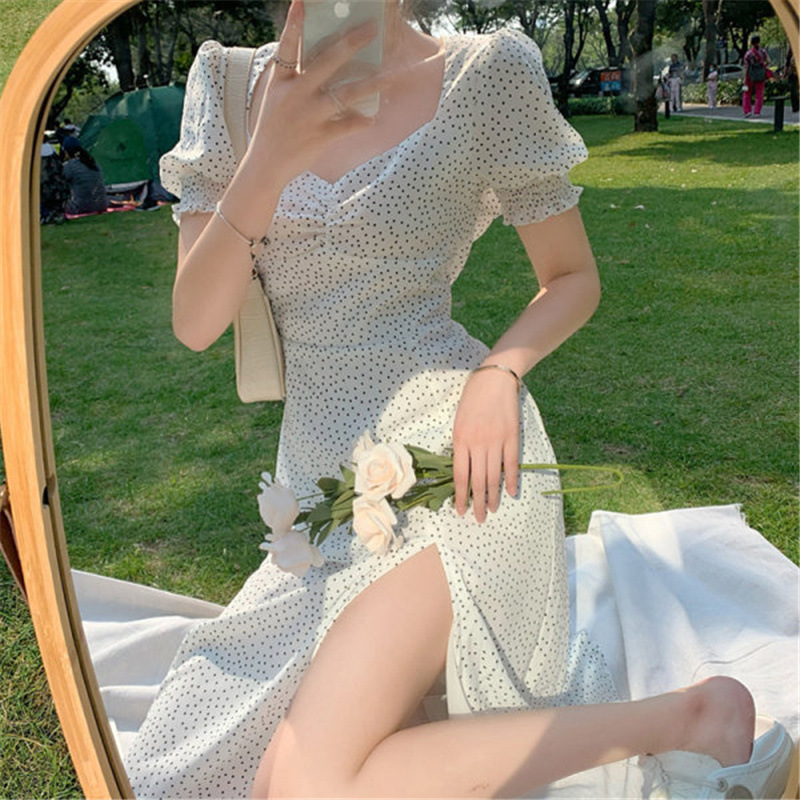 2022 summer new French retro high-grade slimming midi dress fairy short sleeve polka dot dress foreign trade 2022 summer new French retro high-grade slimming midi dress fairy short sleeve polka dot dress foreign trade