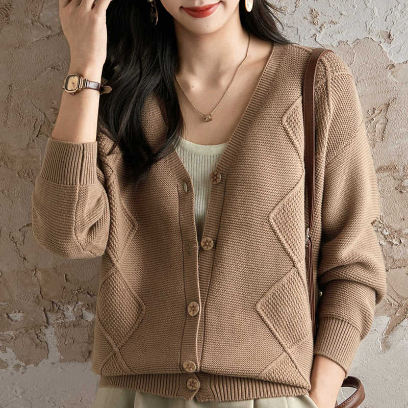 Pure Cotton Long-Sleeve Knitted Cardigan Women's Short Jacket Thickened V-Neck Sweater Loose Casual Diamond Pattern Outerwear Top