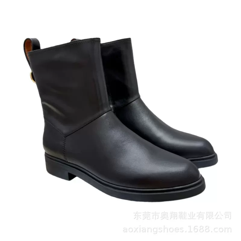 LP无标新款高版牛皮骑士靴侧拉链厚底粗跟简约百搭舒适真皮女靴25