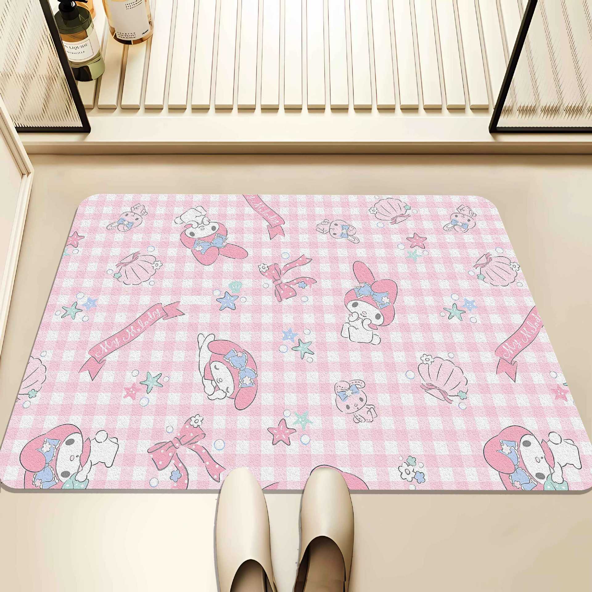 핑크색과 흰색 체크무늬 누워있는 쉘 멜로디