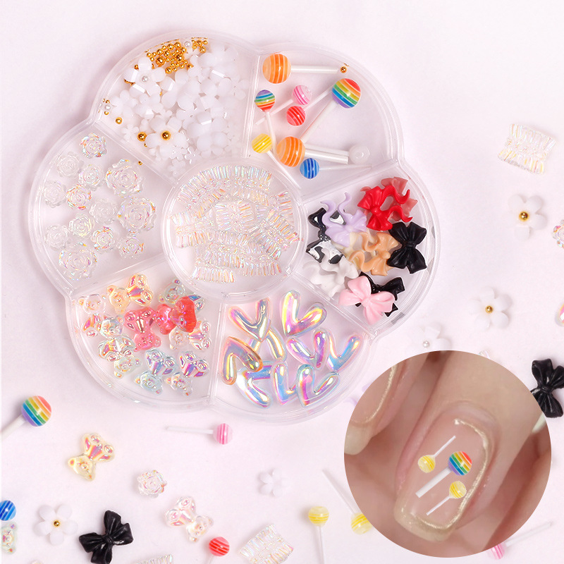 Joyas de manicura arco aurora oso mariposa diamante de sirena perlas mezcladas 7 caja de accesorios de taladro de uñas