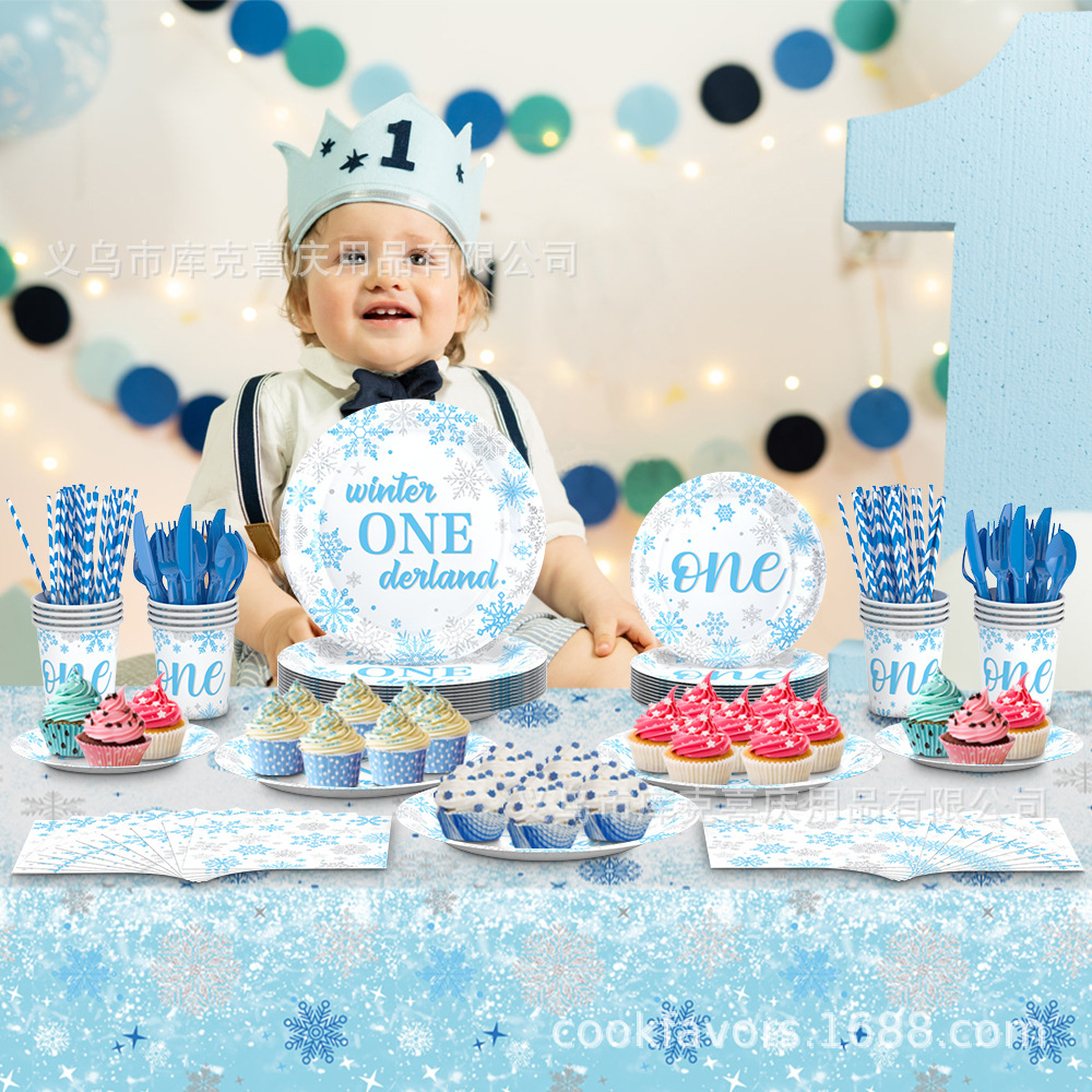 Nuevo tema de nieve azul bandeja de papel desechable vaso de papel mantel banner traje de decoración de fiesta de cumpleaños de niño