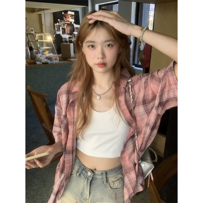 2024 новая розовая клетчатая рубашка с коротким рукавом для женщин, осень-лето, свободная оверсайз, универсальная рубашка для пар