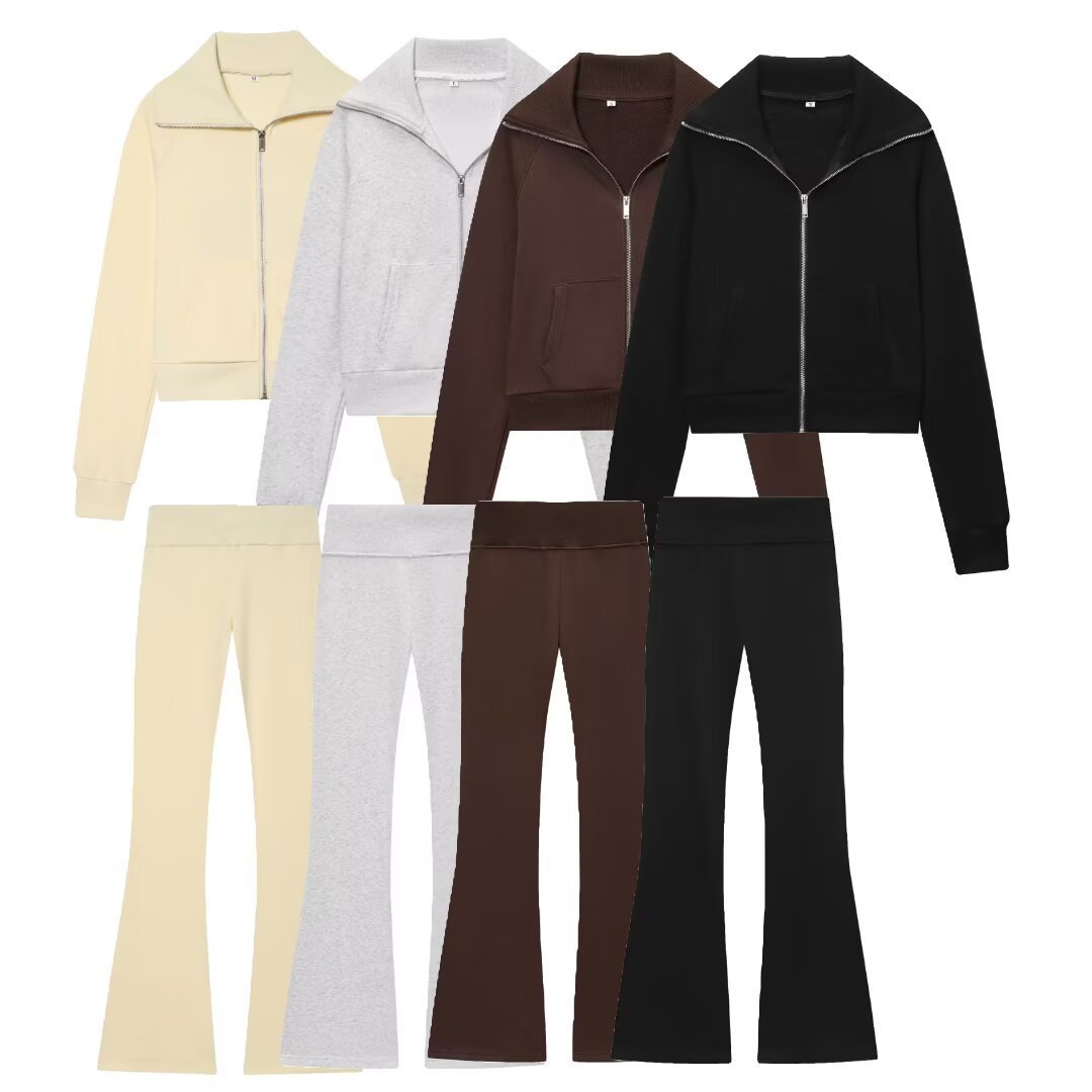 Qadın qış idman kostyumu: zipli fleece gödəkçə və yüksək bel şalvar