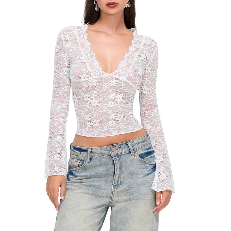 2025 New Autum Style Aliexpress Amazon European and American Pure Color Slim V Neck Long-Sleeved Lace Bottoming Shirt Top 2025 New Autum Style Aliexpress Amazon European and American Pure Color Slim V Neck Long-Sleeved Lace Bottoming Shirt Top
