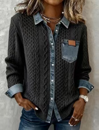 Damen Hemdjacke Aus Strick-denim Oversized Langarm Layering_voghion.com
