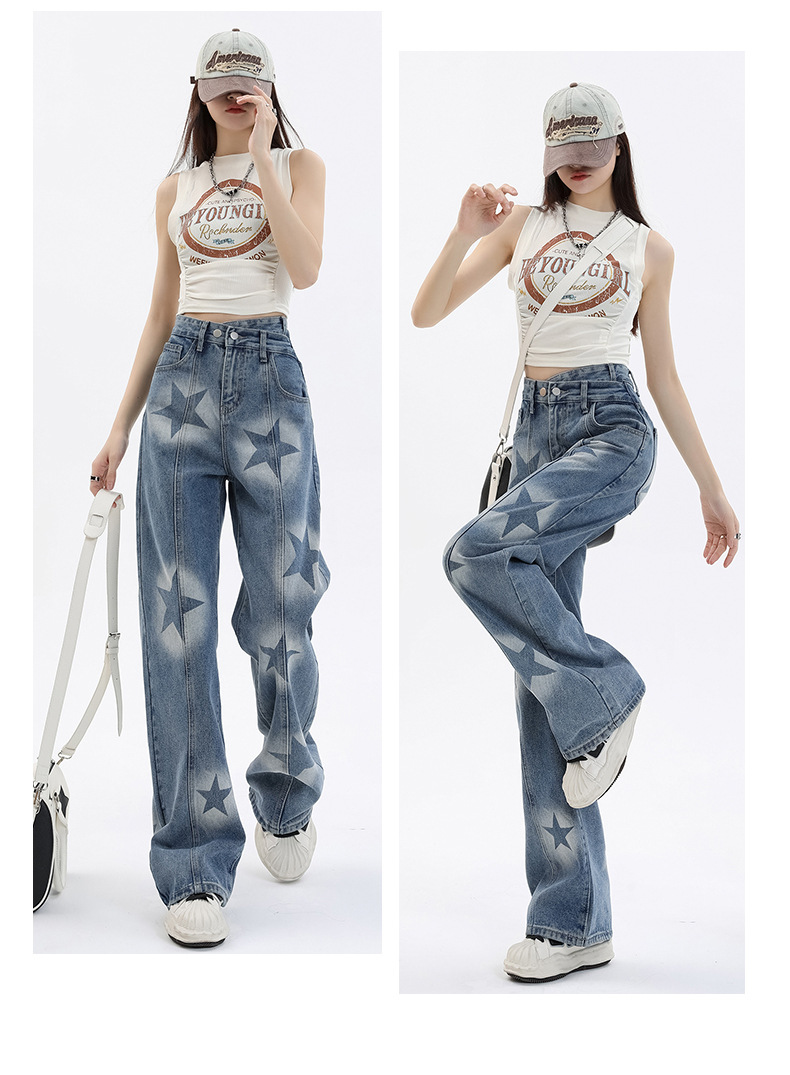 Streetwear Stil Blaue Sterne Gerade Vintage Hohe Taille Jeans Hose Für Frauen Breites Bein Baggy Y2K Volle Länge Denim Hose_voghion.com