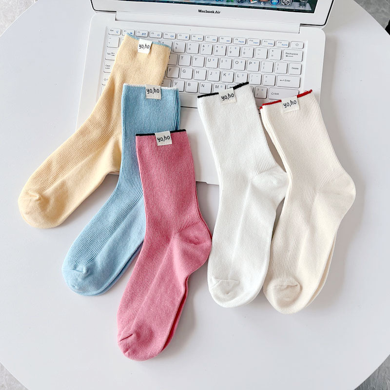 Dopamine tide cream colored children's spring and summer breathable middle tube pile fabric label women's socks, double_voghion.com