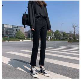 黑色牛仔裤女2023弹力新款直筒修身高腰小个子显瘦九分烟管裤子潮