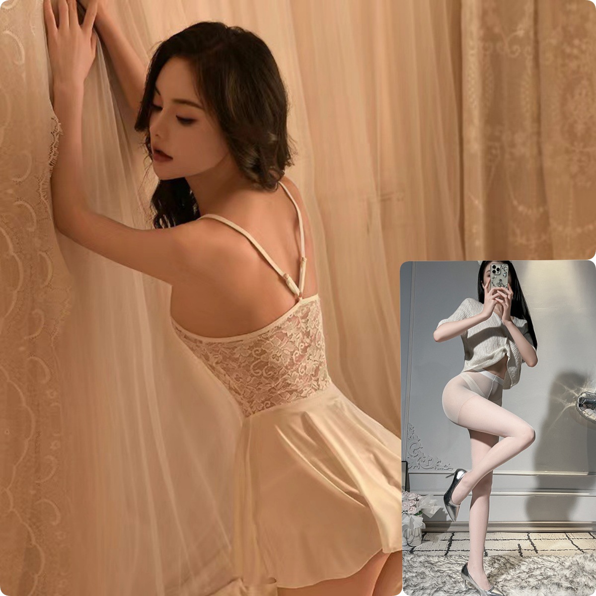 화이트 레이스 시스루 서스펜더 스커트 + 화이트 가랑이 없는 스타킹