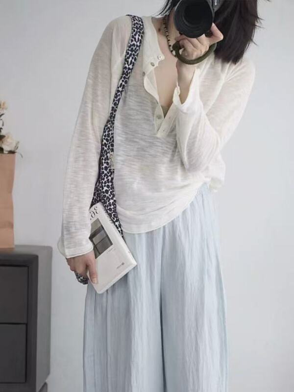 小个子蓝色半开领长袖防晒t恤罩衫女夏季薄款外搭薄纱空调衫上衣|undefined