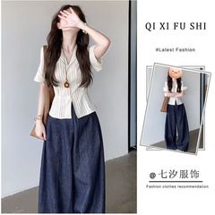 纯欲风套装女2025夏季新款韩系洋气绑带收腰条纹衬衫阔腿裤两件套