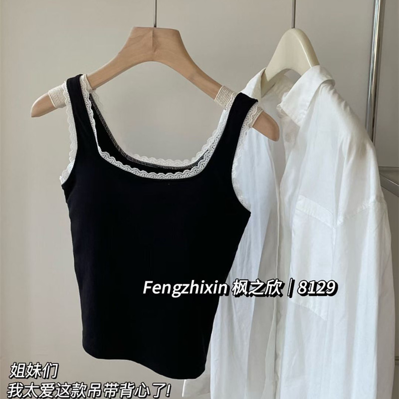 Fengzhixin 8129 レースのコントラストカラーのベスト、胸パッド付き、ボトムスとしてもアウターとしても着用可能、女性用サスペンダートップ、美しい背中、夏に涼しい|undefined