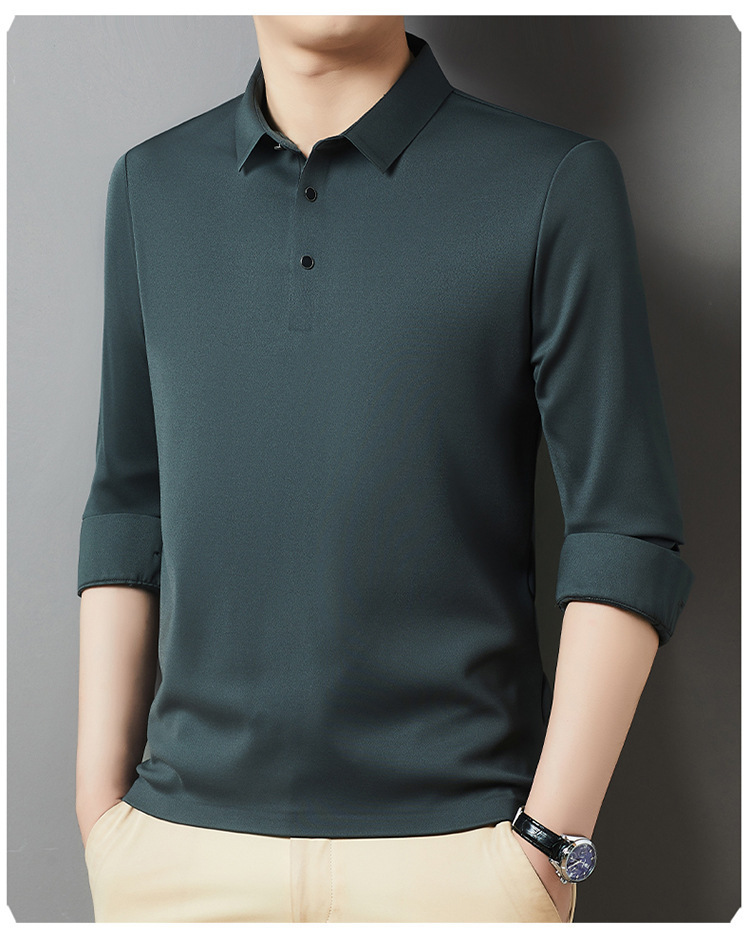 T-shirt a maniche lunghe da uomo in peluche spesso 2024 Autunno / inverno Nuova camicia di base in tinta unita con risvolto business di mezza età_voghion.com