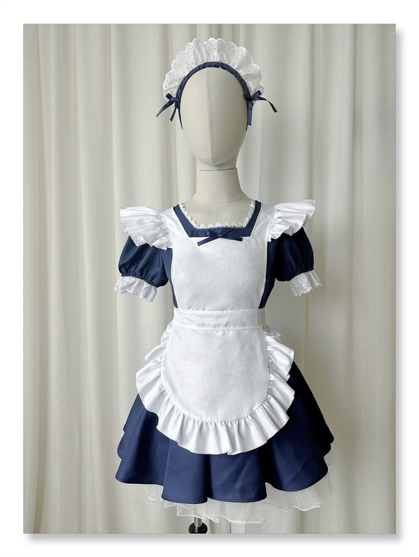 かわいい日系メイド服ロリータCOSエンジェルメイド超萌え犬ショートカフェ紺色メイドワンピース|undefined