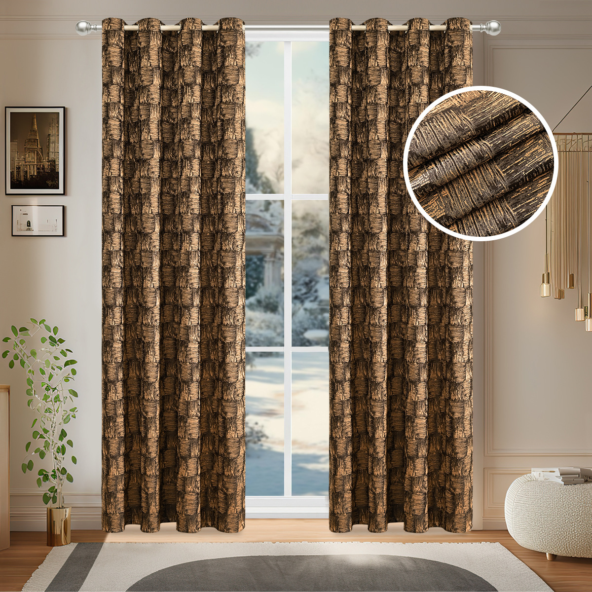 Amazon transfronterizo nueva cortina de madera jacquard cortina perforada cortina de sala de estar TEMU en stock