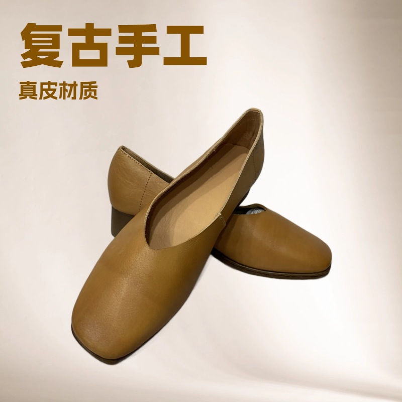 2025春夏上新真皮牛皮女士高跟鞋方头小众森系单鞋舒适休闲奶奶鞋