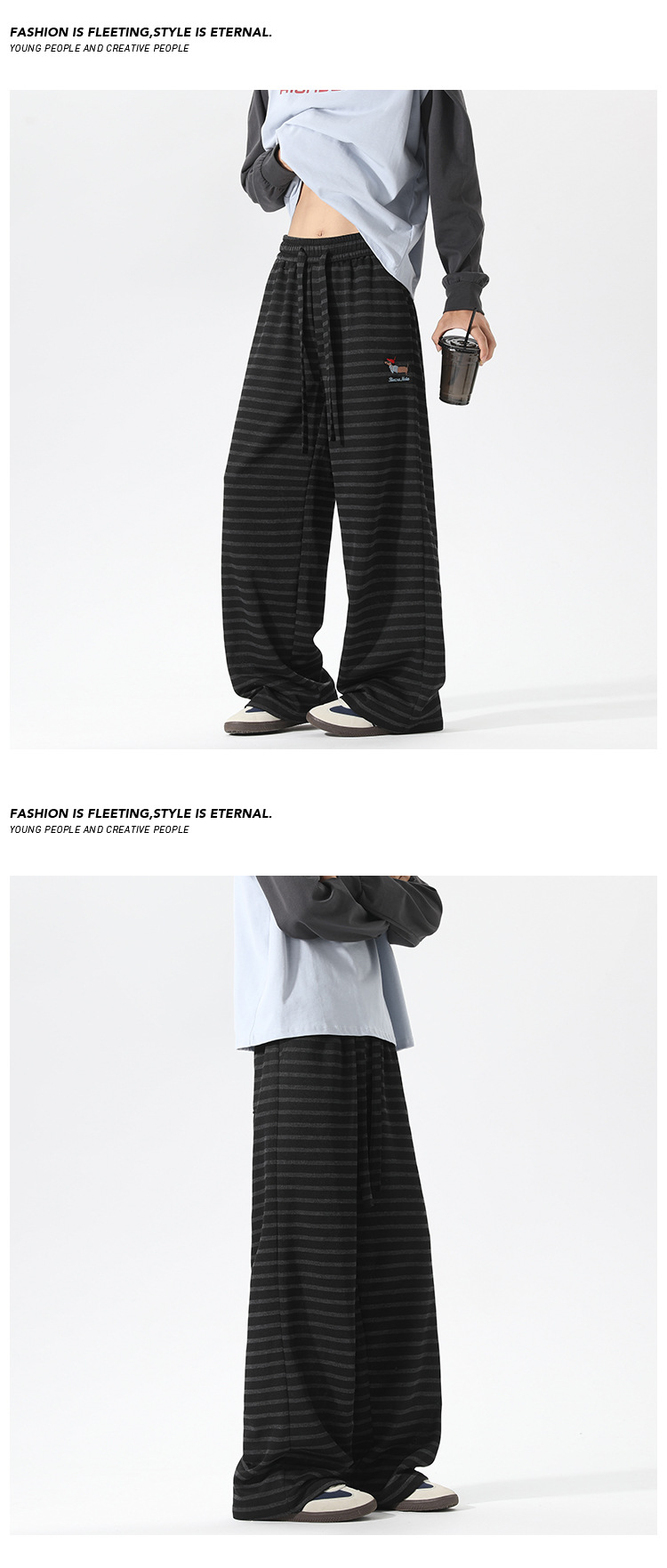 Men's Casual Striped Patchwork Trousers Retro Embroidered Fit_voghion.com