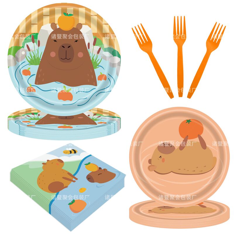 Kapibala Theme Party Disposable Paper Plate Set Creative Cartoon Kidsren's Birthday Arrangement Capybara Decorations