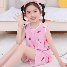 夏季儿童睡衣背心短裤绵绸男童小大女童可爱卡通空调服薄款家居服