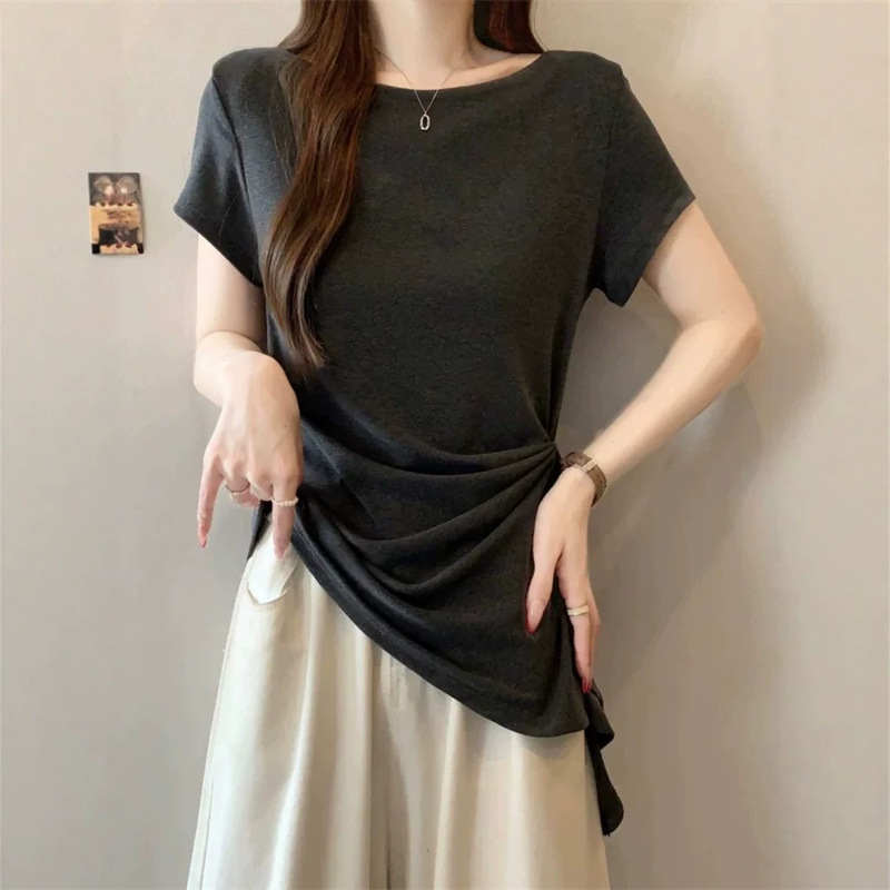 Irregular Casual Versatile Regular Shoulder Round Neck Short-Sleeve T-Shirt for Women, Summer Fashion Design, Waist-Cinching Slimming Top, Trendy