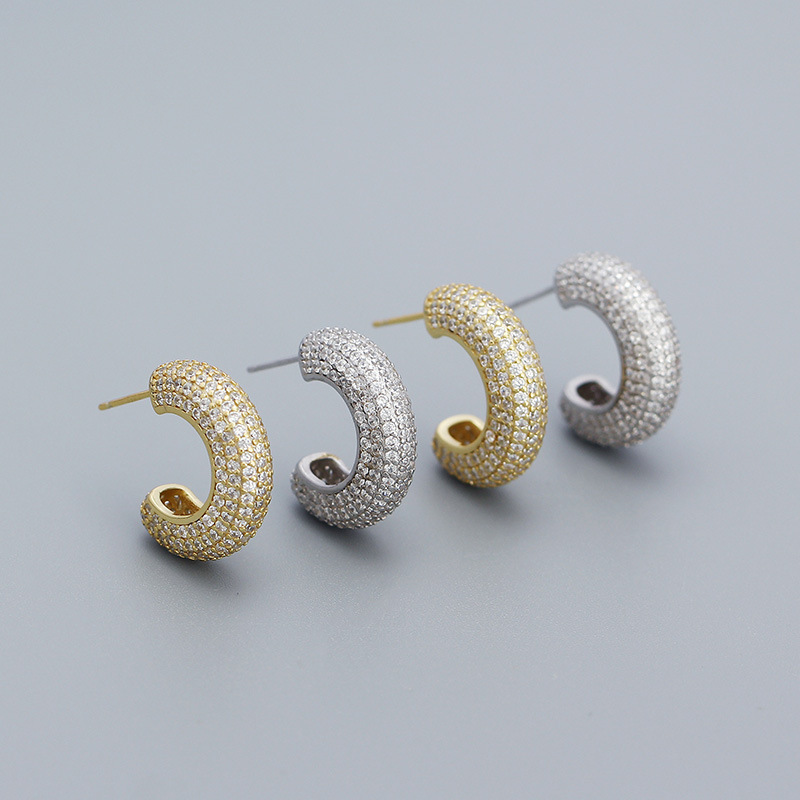 12g Weight Electroplating Gold Plating Process 1 Pair 925 Sterling Silver Zircon C Shape Ear Studs