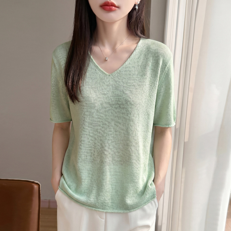 Wholesale Summer Women's New Tencel Linen V-Neck Rolled-Edge Short-Sleeve T-Shirt Versatile Fashion Top Knitwear