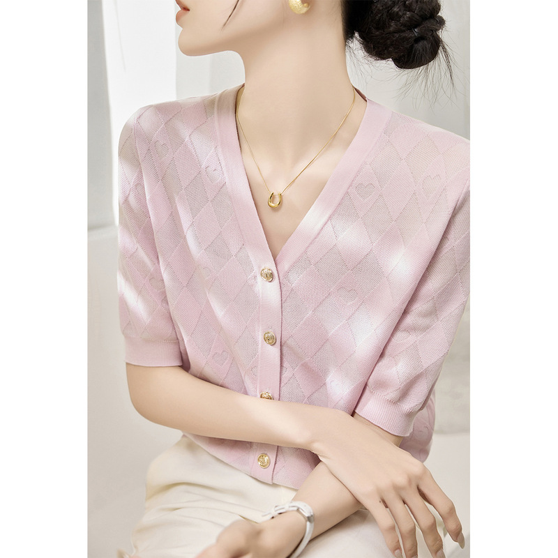 2025 Summer New Women's Pink Buttoned Loose Slimming Five-Quarter Sleeve Knitted Cardigan V-Neck Thin Top
