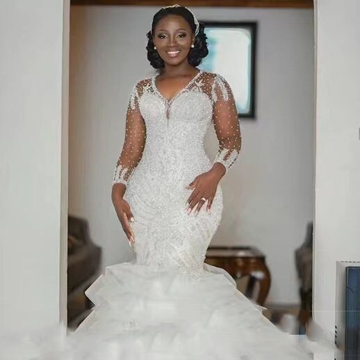 African Wedding Dress 2026 New Model Mermaid V-Neck Lace Waist-Cinching Fishtail Wedding Dress Overseas Warehouse Supply Spring New Model African Wedding Dress 2026 New Model Mermaid V-Neck Lace Waist-Cinching Fishtail Wedding Dress Overseas Warehouse Supply Spring New Model