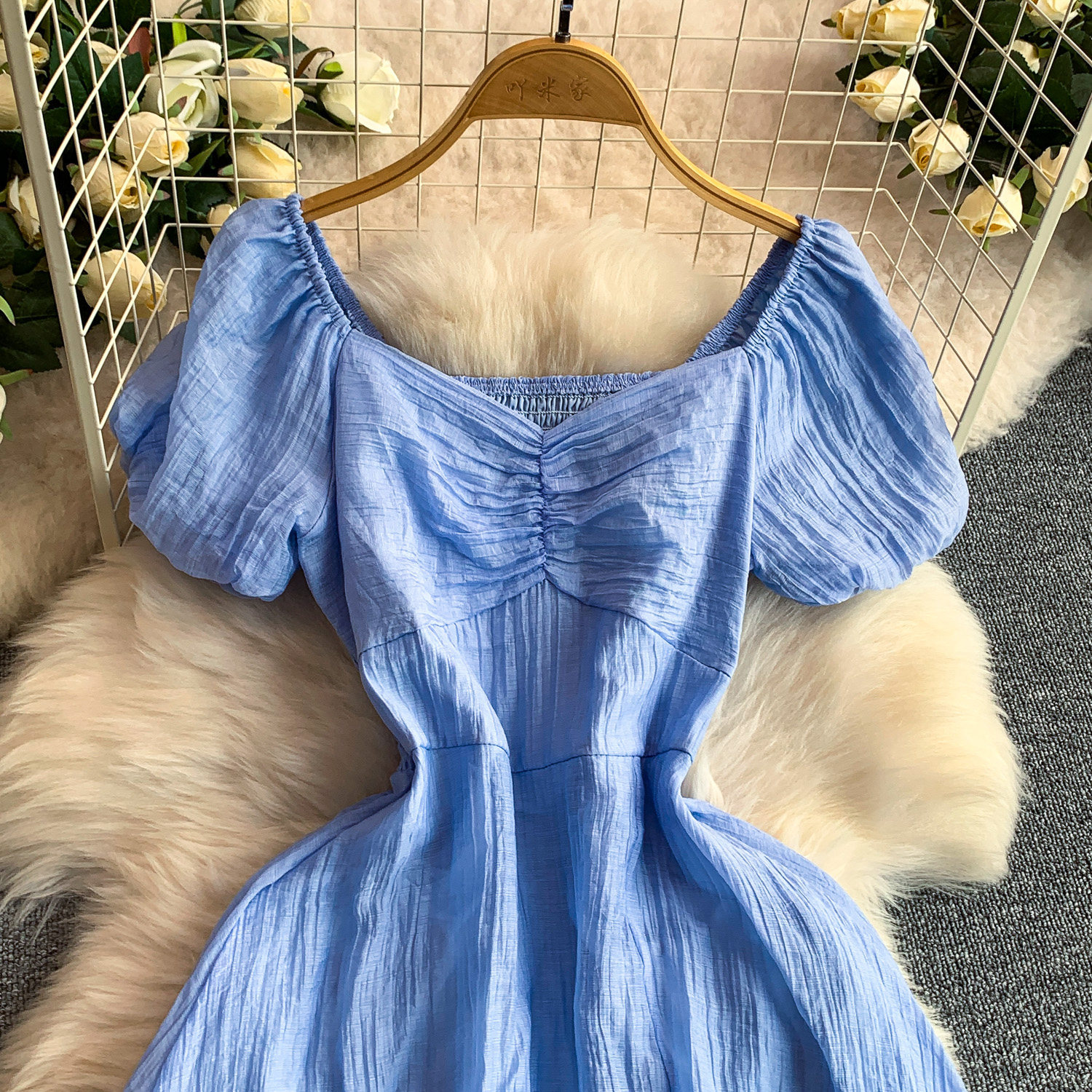 Women's French Style Elegant Square Neck Puff Sleeve Dress Casual Slit Long Skirt Pleated Waist Slimming Summer Style_ecoleips.com