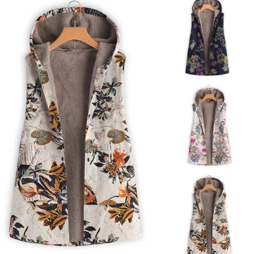 女式复古棉麻印花休闲连帽秋冬保暖无袖上衣毛绒外套背心跨境2025