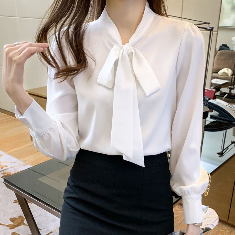 Spring and Autumn Clothing 2025 New Satin Professional Shirt Women's Long Sleeve Ribbon White Shirt Temperament Top Work Clothes