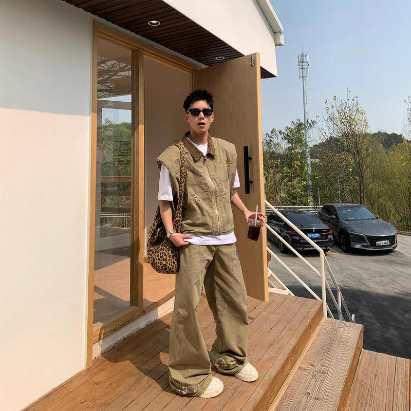 American Trendy Retro Denim Jacket Men's Summer New Silhouette Design Vest Loose Pants Set