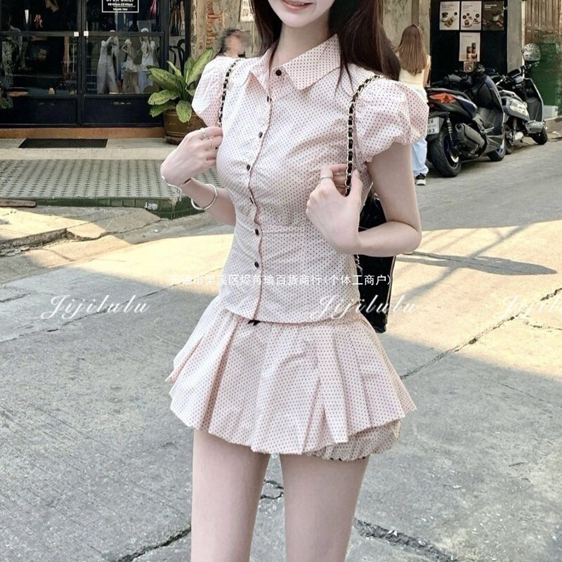 Peach Polka Dot Short Sleeve Princess Slim Fit Shirt Short Waist-Cinching Slimming Cardigan + Pleated Puffy Skirt Set Peach Polka Dot Short Sleeve Princess Slim Fit Shirt Short Waist-Cinching Slimming Cardigan + Pleated Puffy Skirt Set
