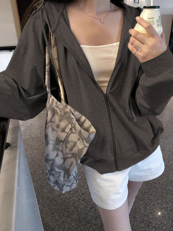 蝶宝嘻松松软软通勤挚爱浅花灰连帽即墨卫衣开衫女早秋宽松衣外套|undefined