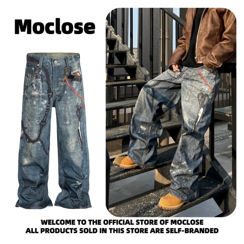 Moclose American Street Retro Stereo Scissors Digital Printing Men's and Women's Loose Straight Washed Denim Pants Moclose American Street Retro Stereo Scissors Digital Printing Men's and Women's Loose Straight Washed Denim Pants