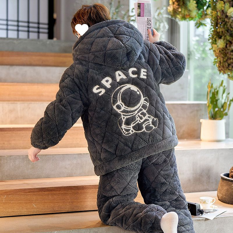 Pajamas Men's Winter Coral Velvet Thickeneded Fleece-Lined Three-Layer Quilted Winter Style Youth Plus Size Home Wear Set