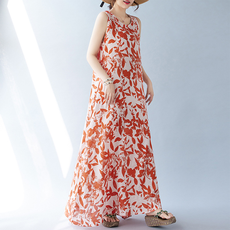Real Shot Of The 2024 Summer New Bohemian Artistic Loose Sleeveless Round-neck Printed Mid-length Dress For Women_ecoleips.com