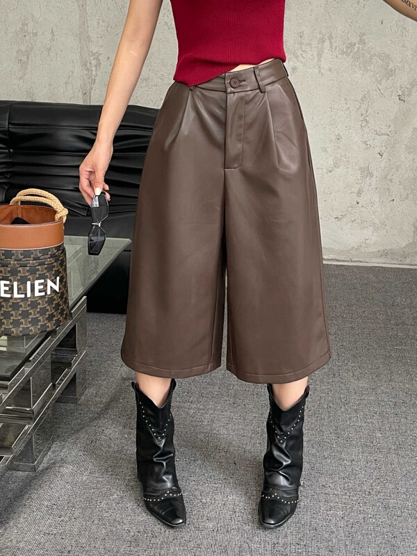 高品PU皮短裤靴裤女秋冬高腰宽松休闲显瘦A字七分小个子阔腿裤|undefined